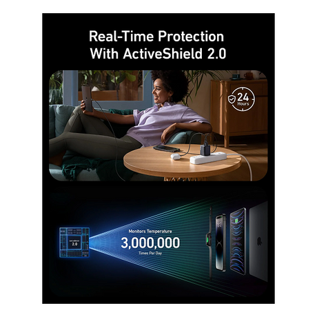 Promotional graphic for ActiveShield 2.0 real-time phone protection, featuring a woman charging on a couch in a living room above, and a monitor temperature graphic showing 3,000,000 degrees per hour below on a black background.