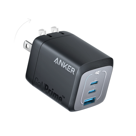 Anker GaNPrime 3-in-1 USB wall charger with a black body, gray faceplate, and blue USB-A ports, shown on a white background.