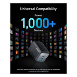 Anker 100W universal wall charger adapter shown on a black promotional graphic with large text reading 'Universal Compatibility' and 'Power 1,000+ Devices'. The charger is dark gray/black with blue USB-A ports and a white Anker logo.