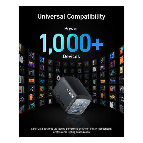 Anker 100W universal wall charger adapter shown on a black promotional graphic with large text reading 'Universal Compatibility' and 'Power 1,000+ Devices'. The charger is dark gray/black with blue USB-A ports and a white Anker logo.