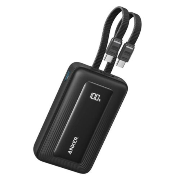 Anker Zolo Power Bank 10000mAh 35W with built-in dual USB-C cables, front view
