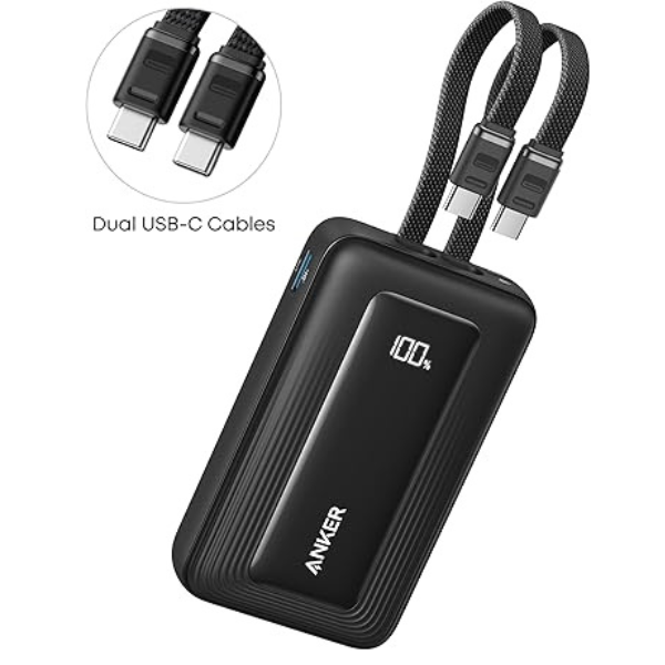Anker Zolo Power Bank 10000mAh 35W with built-in dual USB-C cables, right view