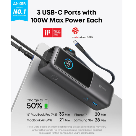 AnkerZoloPowerBank25KmAh-165W-Built-inandRetractableCablesA1695P11-SpaceBlack-dokantech#