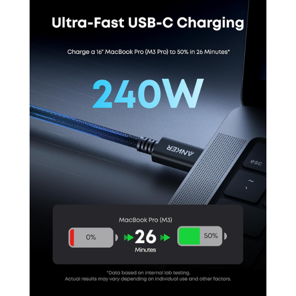 Anker Prime Thunderbolt 5 Cable 3.3ft 240W 80Gbps 8K Braided – Black - Dokkantech