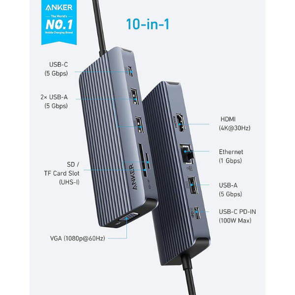 Anker USB-C Hub 10-in-1 Dual Display - A83C20A1 - DokanTech #