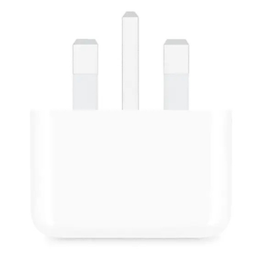 Apple 20W USB-C power adapter in white with UK plug, front view - DokkanTech