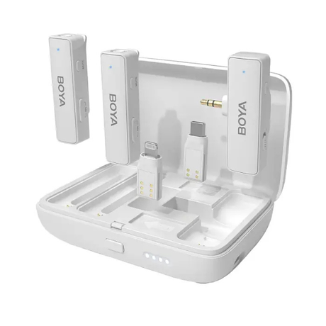 BOYA BOYALINK dual-channel 2.4GHz wireless microphone multi-compatible – front view white.