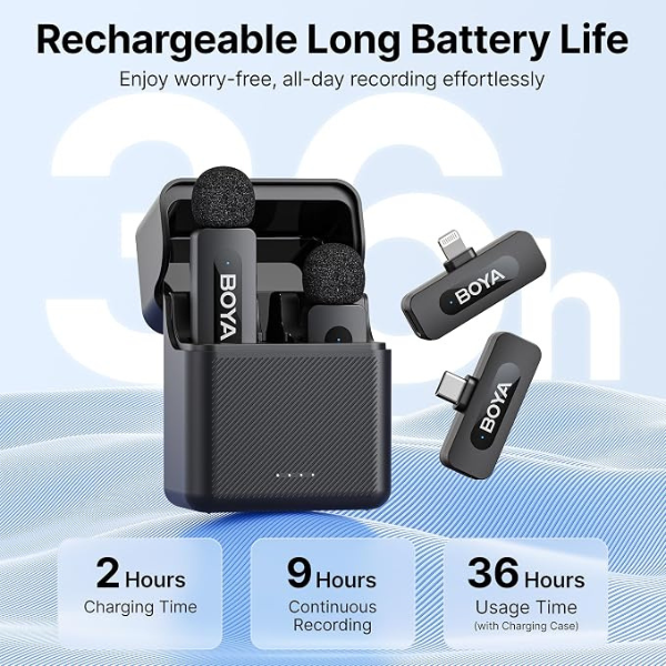 BY-V3 Combo 2.4GHz Wireless mic Kit TYPE-C & IOS + Charging Case - Black battery life dokkan tech