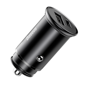 Baseus 30W dual port metal car charger USB-C and USB-A – front view black