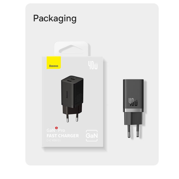 Baseus GaN5 Pro 40W Dual Type-C Fast Charger EU – Black (CCGP180101)-dokantech#