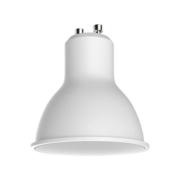A white GU10 LED spotlight with a matte white dome-shaped shade and silver metal contact points at the top, shown against a solid white background.