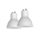 Two white GU10 LED spotlight shades with metallic silver contact points, shown against a solid white background.