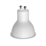 A white GU10 LED spotlight bulb base with two metal contact pins on top, shown against a solid white background.