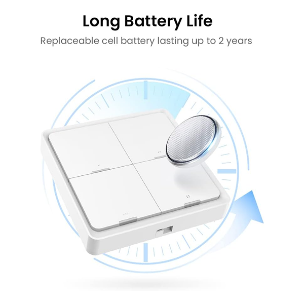 A white square smart switch or control panel with a round metallic button floating above it, shown on a clean white background with marketing text reading 'Long Battery Life' and 'Replaceable cell battery lasting up to 2 years.' This is not a real environment and functions as a promotional product graphic, so Product/Packaging fits better than Instruction Diagram or Other.