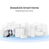 A promotional graphic for the BroadLink Smart Home, showing a collection of white smart home devices including a smart bulb, smart plugs, a smart switch, a smart ring light, and a smart security camera, arranged on a light blue circular platform against a white background with the text 'BroadLink Smart Home' and 'Redefining Smart Home'.
