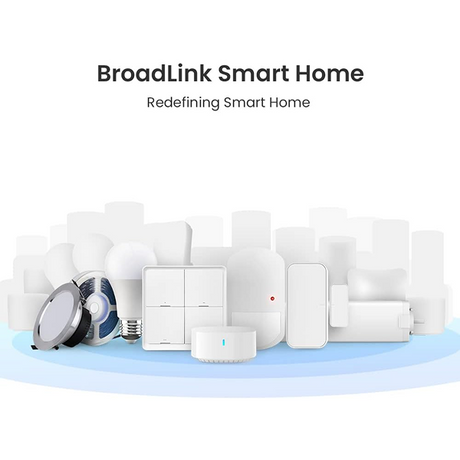 A promotional graphic for the BroadLink Smart Home, showing a collection of white smart home devices including a smart bulb, smart plugs, a smart switch, a smart ring light, and a smart security camera, arranged on a light blue circular platform against a white background with the text 'BroadLink Smart Home' and 'Redefining Smart Home'.
