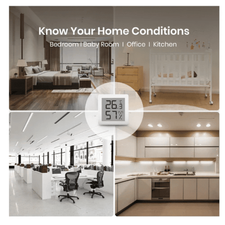 A promotional collage for a smart home environment monitor, showing a digital temperature and humidity display overlaid on bedroom, office, nursery, and kitchen scenes. The text at the top reads 'Know Your Home Conditions' with room types listed below.