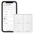 A 4-button white smart wall switch shown in front of a smartphone displaying the My Home app, which lists the switch as 'Switch' under Lighting controls.