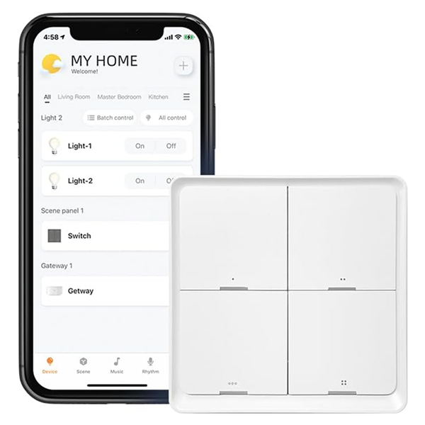 A 4-button white smart wall switch shown in front of a smartphone displaying the My Home app, which lists the switch as 'Switch' under Lighting controls.