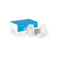 A smart home temperature and humidity monitoring kit by Sensi BioSense, featuring a white digital thermometer, humidity sensor, temperature alarm, and a round humidifier, displayed alongside its blue and white retail packaging box on a clean white background.