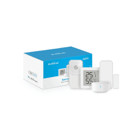 A smart home temperature and humidity monitoring kit by Sensi BioSense, featuring a white digital thermometer, humidity sensor, temperature alarm, and a round humidifier, displayed alongside its blue and white retail packaging box on a clean white background.