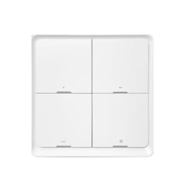 A modern white four-button wall switch plate with a minimalist grid layout, shown against a plain white background.