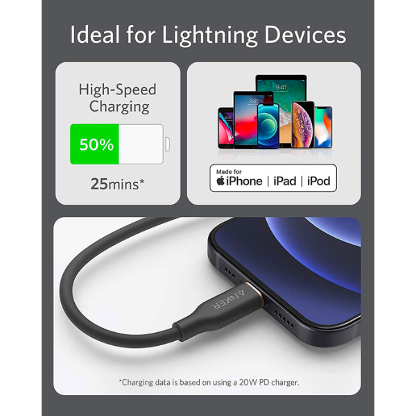 كابل أنكر باور لاين III فلو USB-C إلى Lightning (3أقدام/0.9 م) 