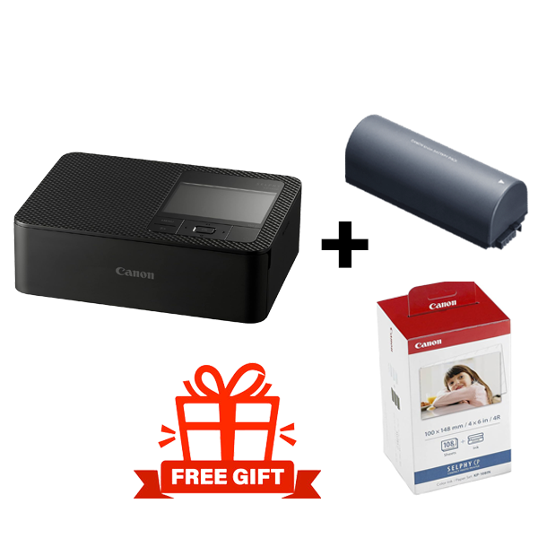 طابعة كانون SELPHY CP1500، واي فاي، طباعة 41 ثانية، شاشة LCD 8.9 سم - أسود + مجموعة حبر وورق ملون KP-108IN + حزمة بطارية NB-CP2LH هدية 🎁