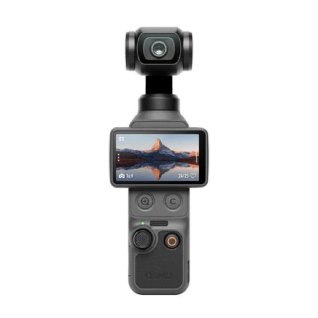 A handheld gimbal camera with a dark gray body and a small color screen displaying a mountain landscape. The brand name 'OSMHD' is visible near the bottom of the device, set against a plain white background.