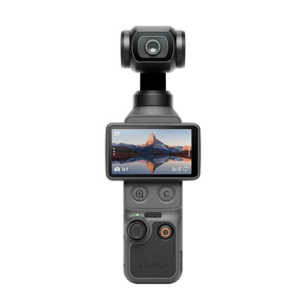A handheld gimbal camera with a dark gray body and a small color screen displaying a mountain landscape. The brand name 'OSMHD' is visible near the bottom of the device, set against a plain white background.