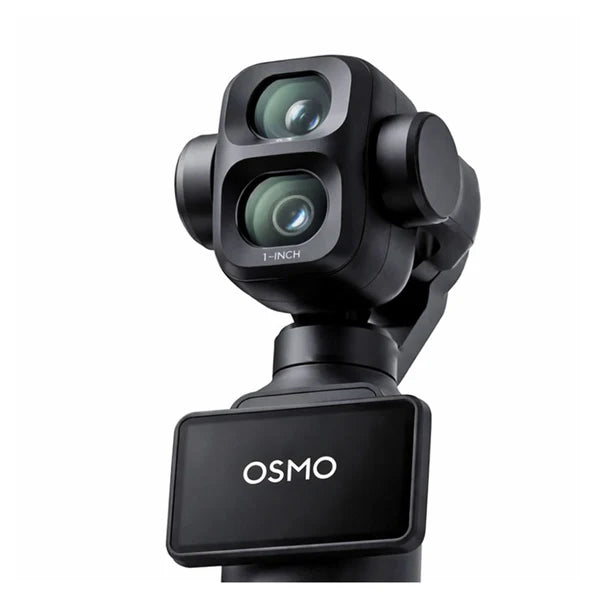 Black OSMO dual-camera gimbal close-up on a clean white background, showing the camera lenses, mounting arm, and the OSMO logo on the front.