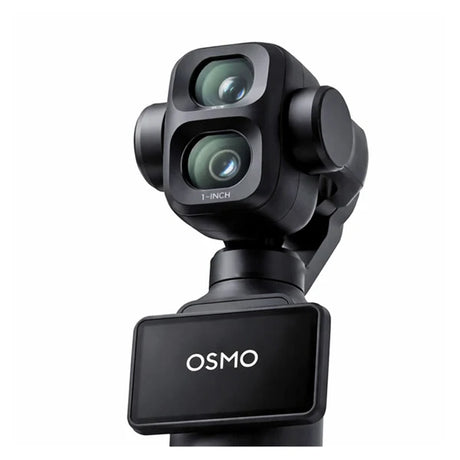Black OSMO dual-camera gimbal close-up on a clean white background, showing the camera lenses, mounting arm, and the OSMO logo on the front.