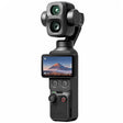 A black Osmo handheld gimbal camera with a dual-lens front and an attached screen displaying a mountain landscape, shown on a solid white background.