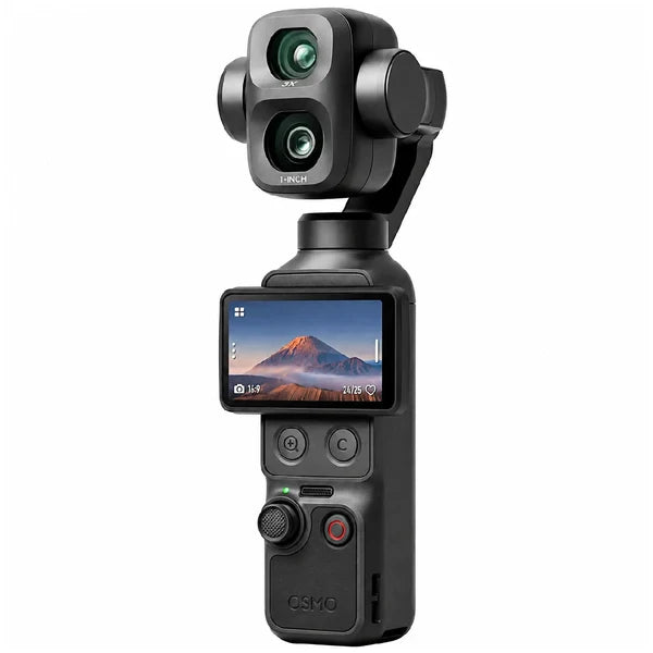 A black Osmo handheld gimbal camera with a dual-lens front and an attached screen displaying a mountain landscape, shown on a solid white background.