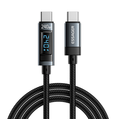 Essager 240W USB-C to USB-C cable with digital display – front view black