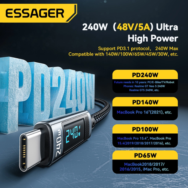 ESSAGER 240W Type C to Type C Cable With Digital Display - Black - Dokkan tech