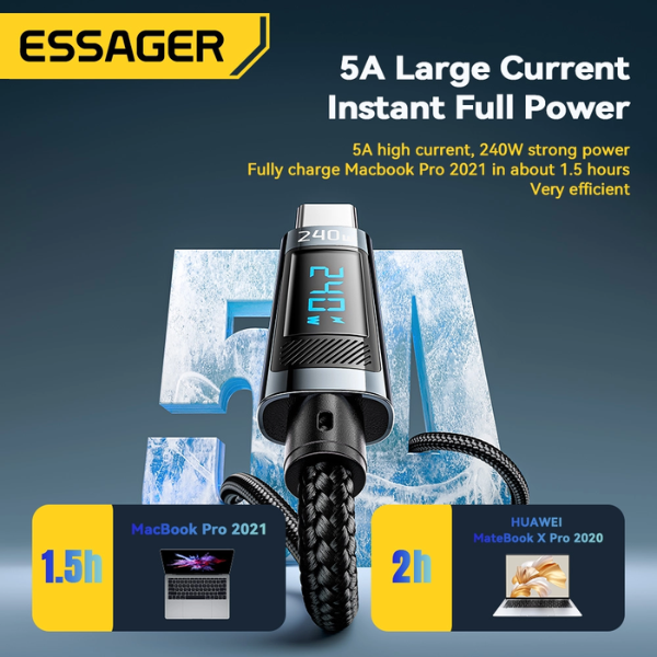 ESSAGER 240W Type C to Type C Cable With Digital Display - Black - Dokkan tech