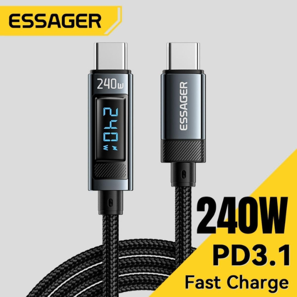 ESSAGER 240W Type C to Type C Cable With Digital Display - Black - Dokkan tech