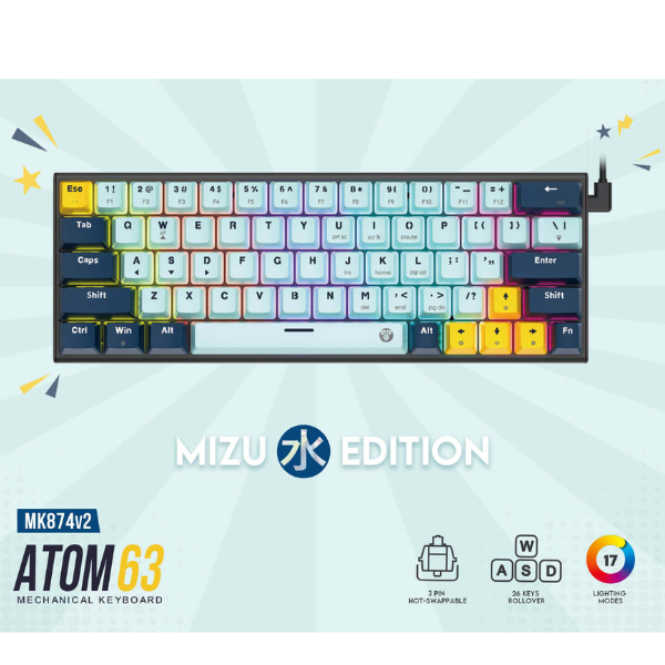 Fantech Atom 63 MK874 V2 Mechanical Keyboard – Blue Switch, Mizu Sky Blue-dokkantech