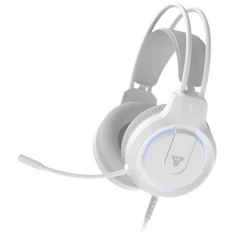White over-ear gaming headset with an adjustable boom microphone, padded headband, and circular ear cup featuring a glowing blue accent ring and a stylized logo.