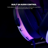 Gaming headset with RGB lighting on a dark background, highlighting built-in audio control feature.