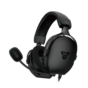 Black over-ear gaming headset with an adjustable boom microphone, shown on a solid white background.