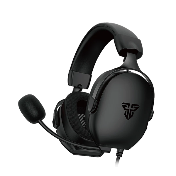 Black over-ear gaming headset with an adjustable boom microphone, shown on a solid white background.
