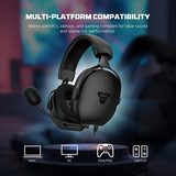 Gaming headset with microphone on a dark background, highlighting multi-platform compatibility.