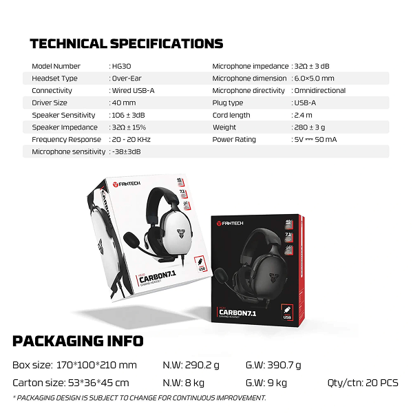 Technical specifications and packaging information for a gaming headset with FANTECH branding.