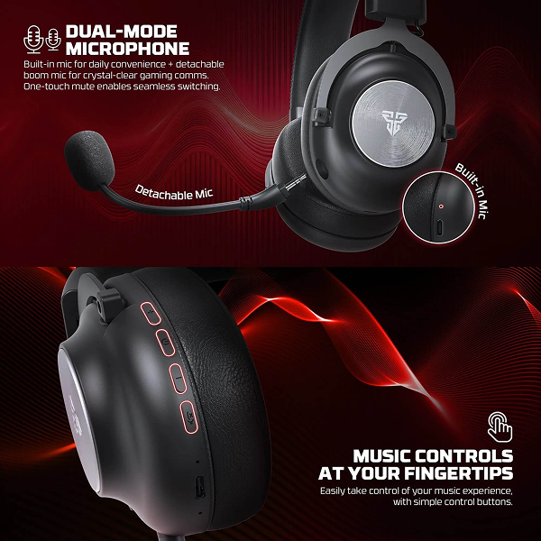 Black over-ear gaming headphones with a detachable boom microphone, shown on a dark red promotional background with feature callouts and a circular inset highlighting the built-in microphone.