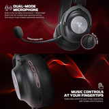 Black over-ear gaming headphones with a detachable boom microphone, shown on a dark red promotional background with feature callouts and a circular inset highlighting the built-in microphone.