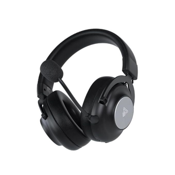 Black over-ear gaming headphones with a built-in microphone and a silver circular accent on the outer ear cup, shown on a plain white background.