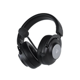 Black over-ear gaming headphones with a built-in microphone and a silver circular accent on the outer ear cup, shown on a plain white background.
