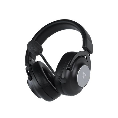 Black over-ear gaming headphones with a built-in microphone and a silver circular accent on the outer ear cup, shown on a plain white background.
